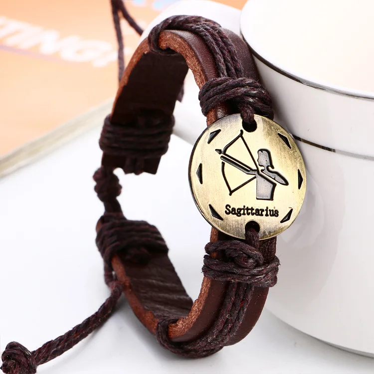 Vintage Gold Color Constellations Leo Taurus Leather Bracelet Women Punk Sagittarius Scorpio Jewelry Party Friends Gift