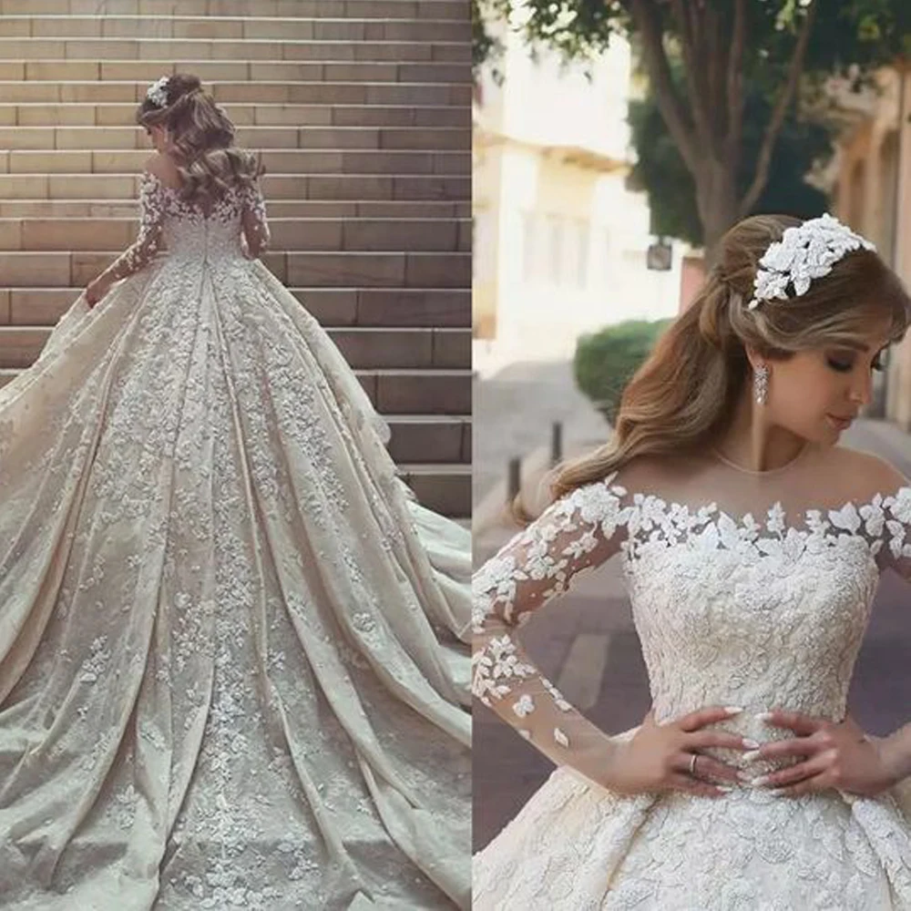 ball gown wedding dresses lace appliques beading pearls long sleeve 2019 puffy bridal dresses vintage