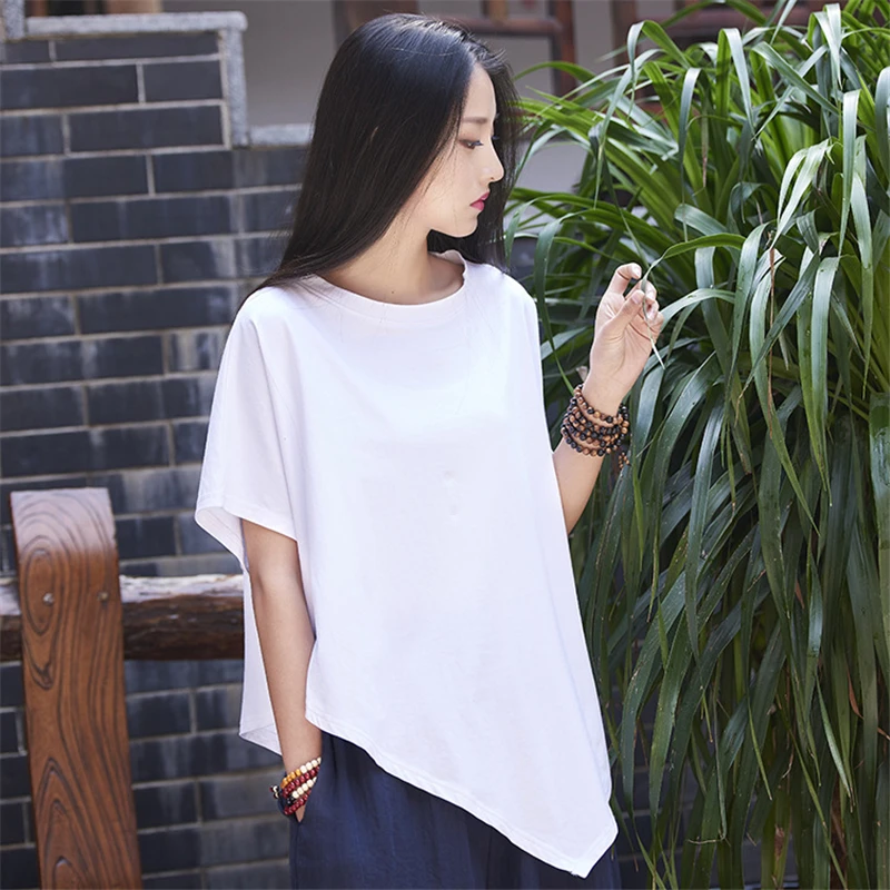 

LZJN Plus Size Asymmetric T Shirt Women Cotton Batwing Short Sleeve Big Size Tshirt All Match White Casual Loose 2019 Summer Top