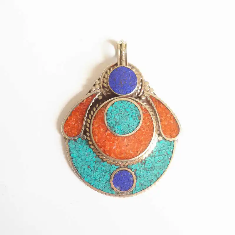 TBP410 Vintage Flower Pendant from Nepal Copper Inlay Colorful Stone