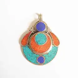 TBP410 Vintage Flower Pendant from Nepal Copper Inlay Colorful Stone