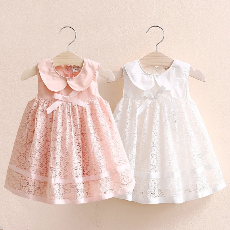 2024 Summer New 2-10 Years Children\'s Party Prom Cute Peter Pan Collar Pink White Tank Lace Bow Layered Dresses For Kids Girls