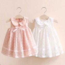 2024 Summer New 2-10 Years Children's Party Prom Cute Peter Pan Collar Pink White Tank Lace Bow Layered Dresses For Kids Girls