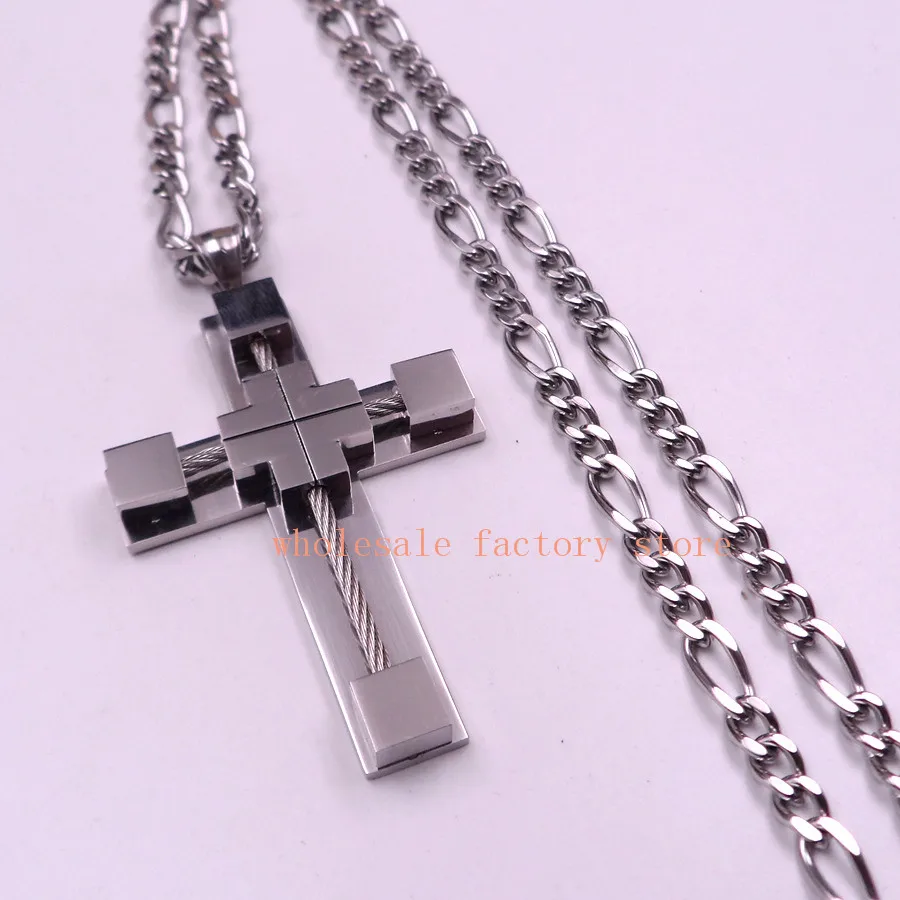 Stainless steel Biker Large Wire Cross Pendant Men's Necklace  figaro 6mm 24 inch