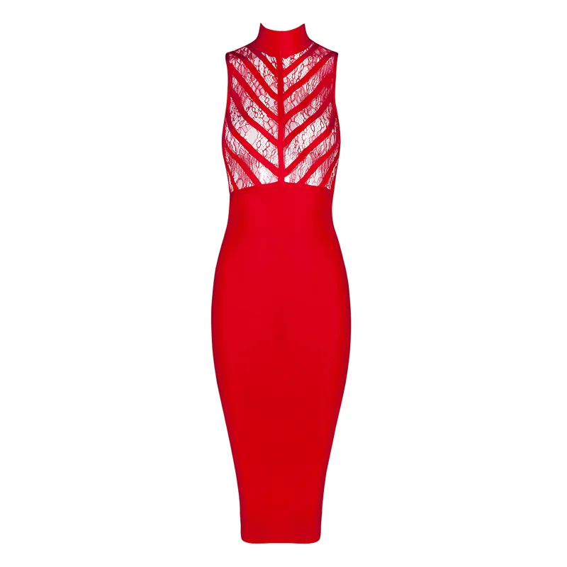 2024 rayon red summer knee length bandage dress high neck sexy women's lace dress slim fit bandage bodycon party dresses