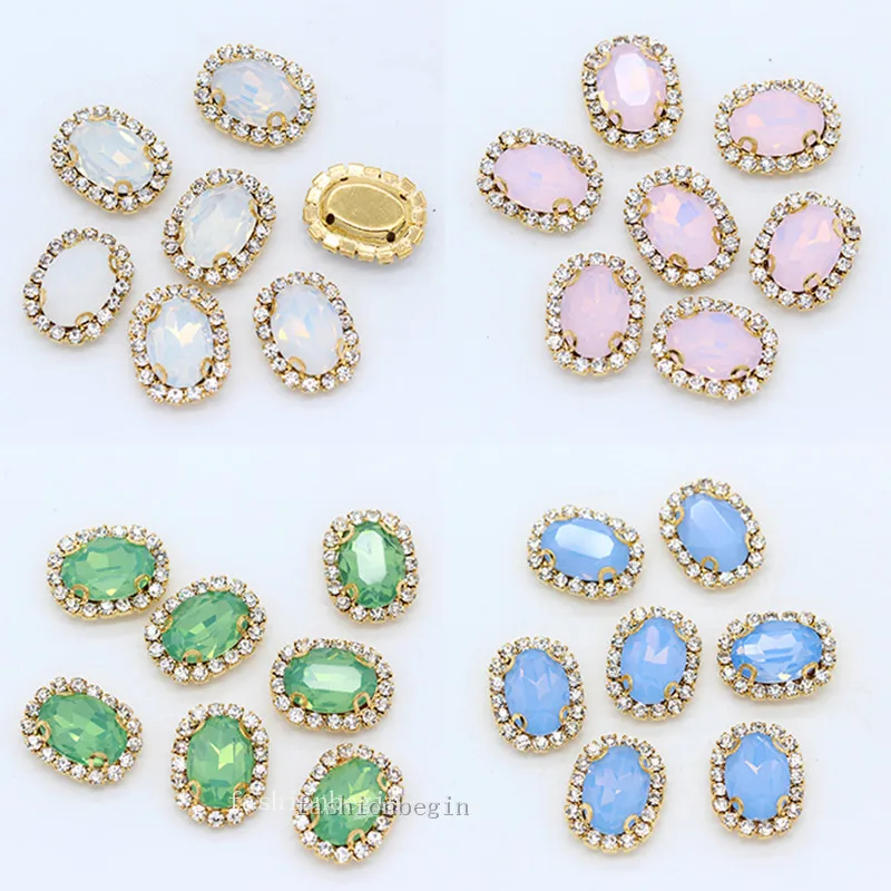 10x14 13x18 18x25mm Oval opal Flatback Gold plated base Button sew on crystal Glass rhinestones jewels Wedding Dress Trim beads