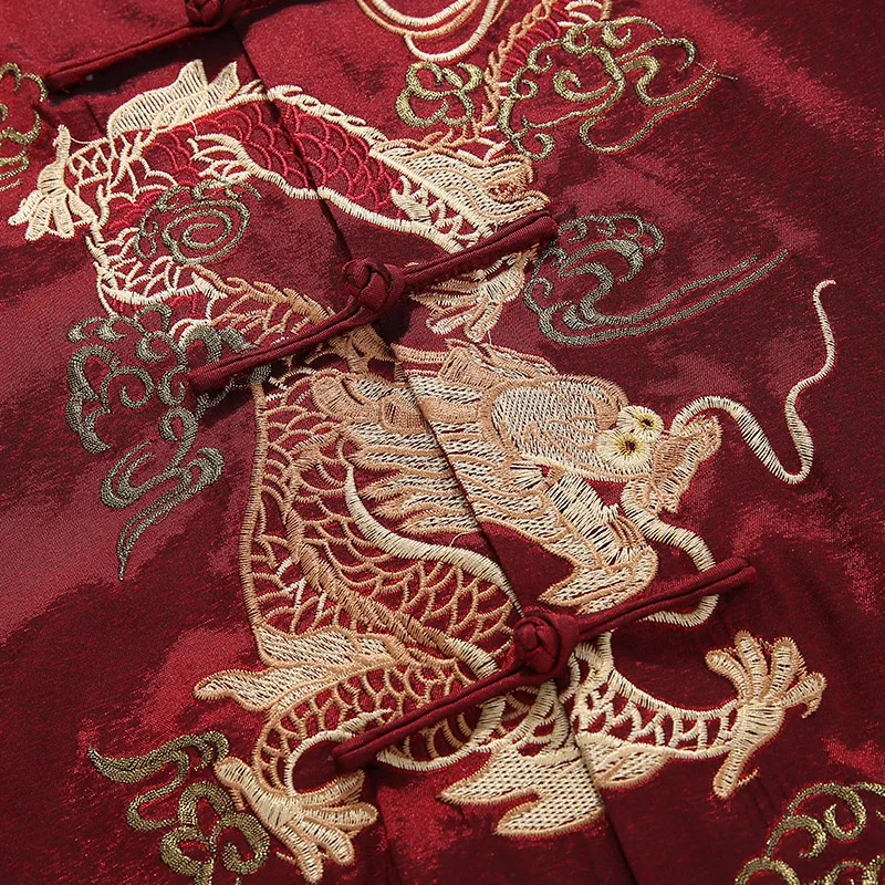 New Male Satin Outwear Chinese Style Embroidery Dragon Jacket Men Double Breasted Kung Fu Coat M L XL XXL XXXL