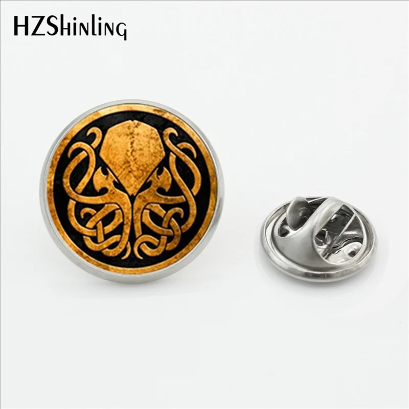 2017 New Design Cthulhu Emblem Vintage Lapel Pins Round Steampunk Cthulhu Stainless Steel Collar Pin Glass Art Photo Jewelry