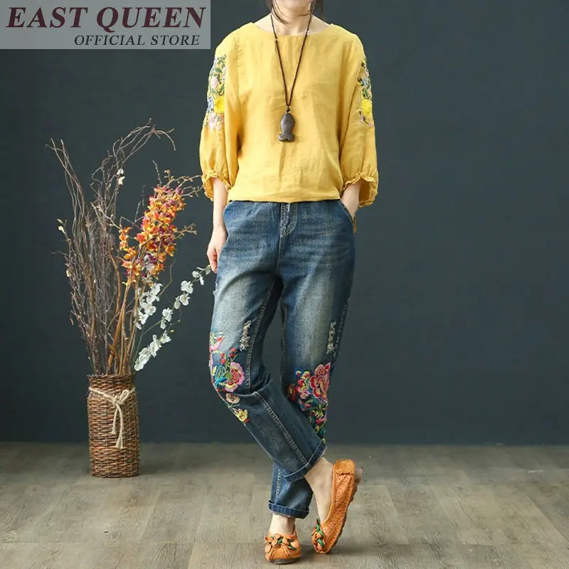 Women jeans embroidery elastic high waist calf-length pants loose boyfriend jean for woman office ladies denim trouser DD622 L