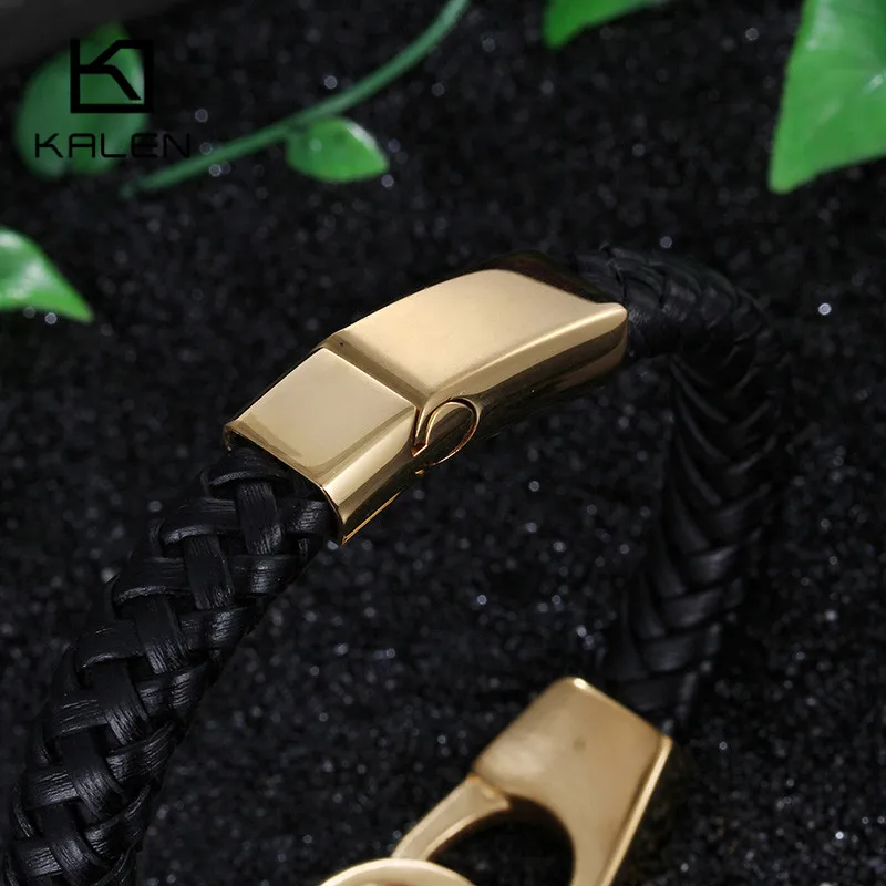 Kalen Italian Gold Color Handcuff Leather Bracelets For Men Fashion Stainless Steel 22CM Cheap Braided Leather Bracelets Jewelry