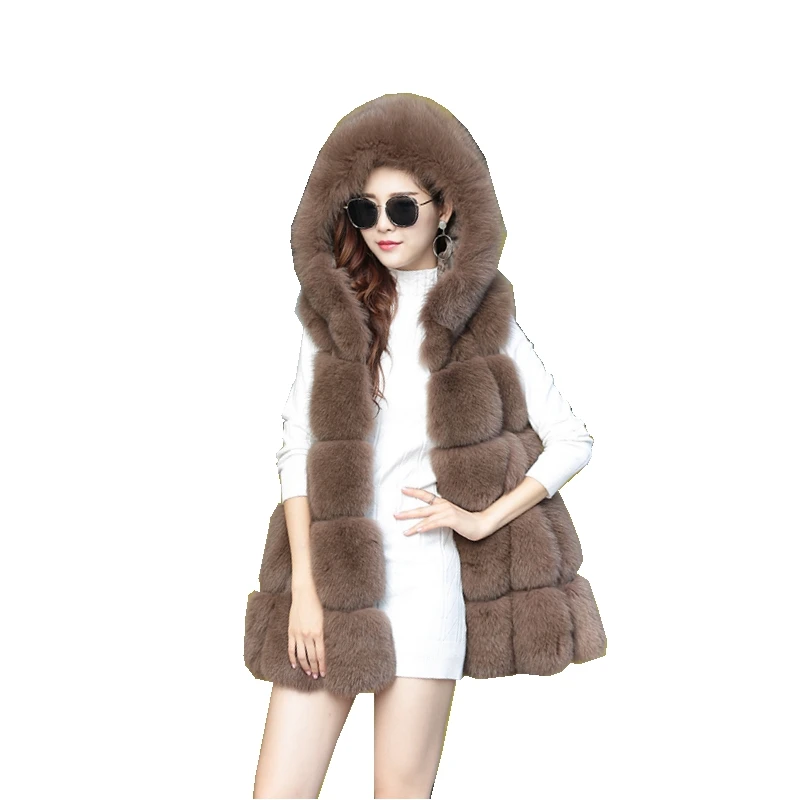 

Lady Real Fox Fur Vest Waistcoat With Hoody Autumn Winter Genuine Women Gilet Slim Warm Outerwear Coats LF4235