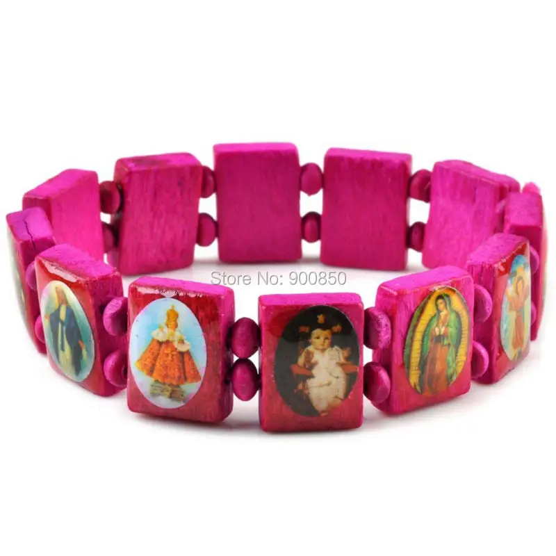 Saints Jesus Religious Wood Catholic Icon Bracelets Unisex Fashion Wood Bracelet Paryer Charm Jewelry 7 Colors