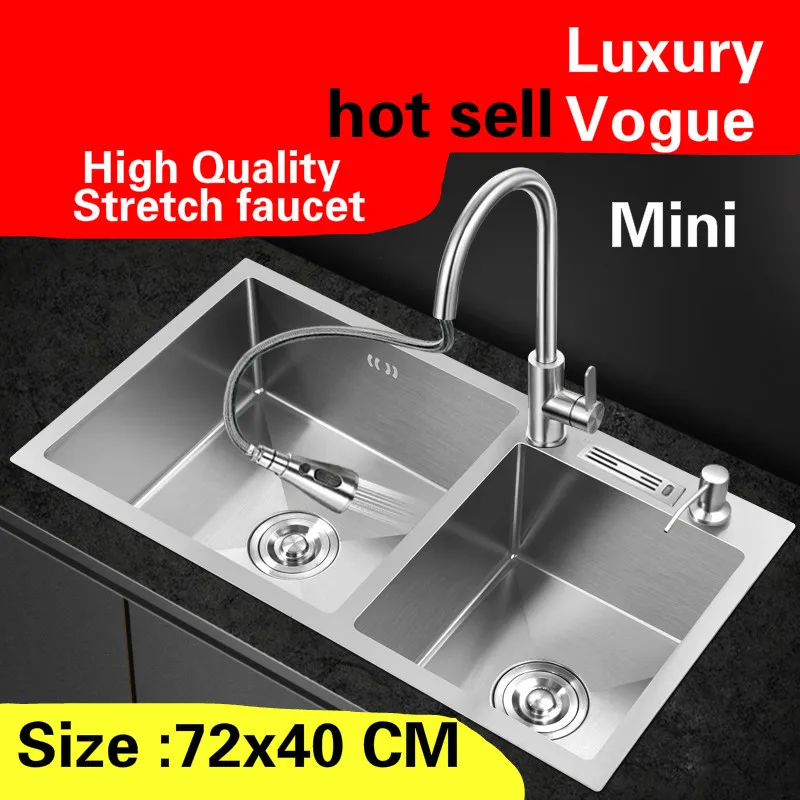 

Free shipping Apartment kitchen manual sink double groove stretch faucet wash vegetables 304 stainless steel hot sell 72x40 CM