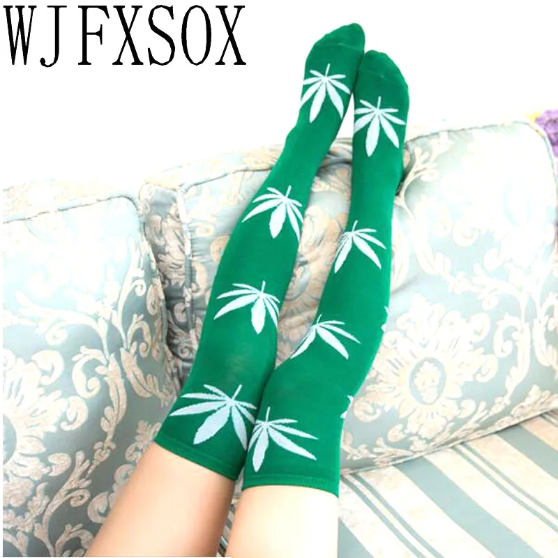 WJFXSOX Women Stockings Thigh High Sexy Harajuku Stockings Socks Weed Print Spandex Long Loose Knee High Socks For Ladies Meias