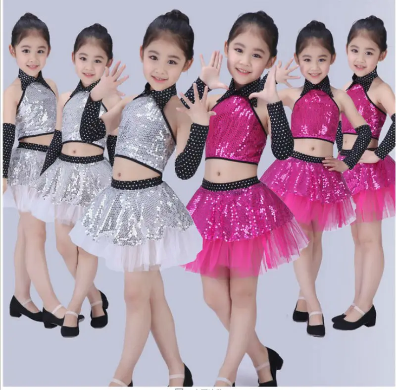 Girl Jazz Dance Children Sequin Modern Dance Hip Hop Costumes Girl Stage Jazz Dance Costumes Suit for Girls Top and Skirt