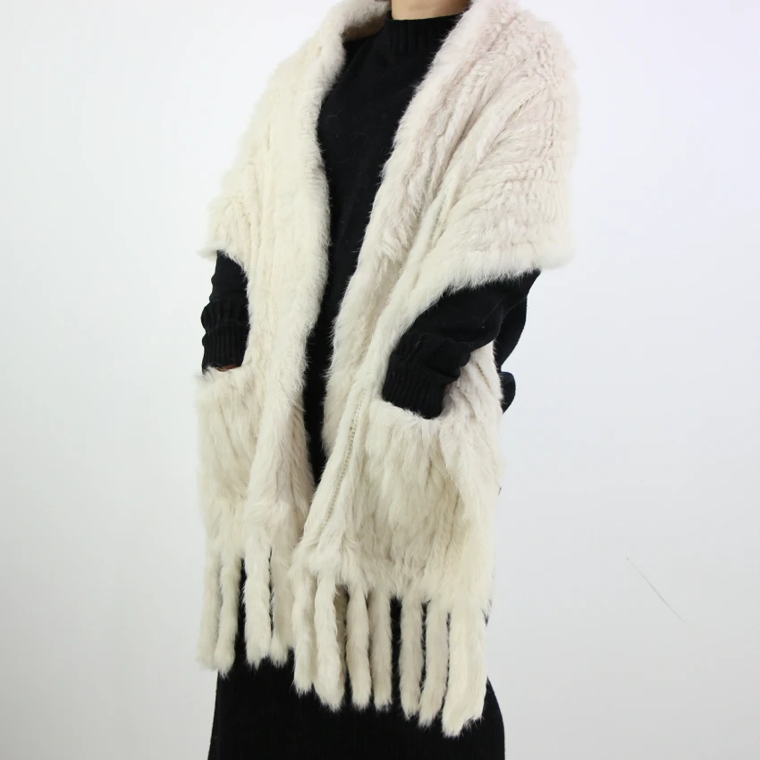 Harppihop*Luxury Women\'s Genuine Real Knitted rabbit Fur Scarves with Tassels Lady Pashmina Wraps Autumn Winter Women Fur Shawls
