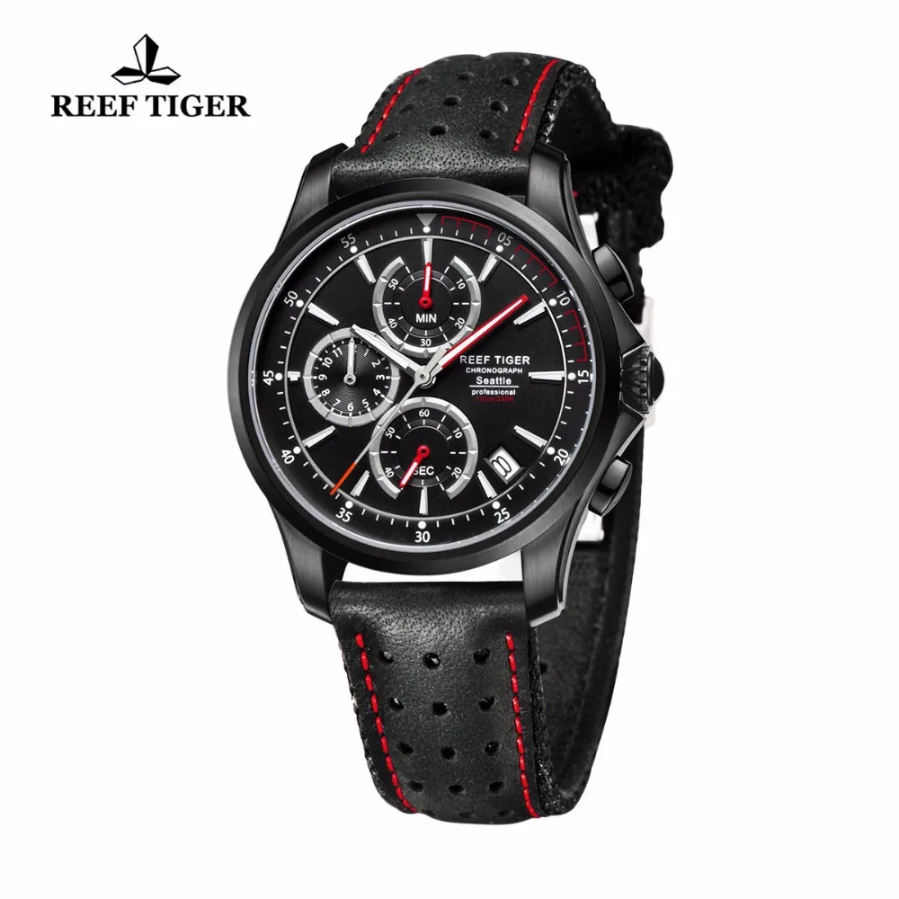 Reef Tiger/RT Mens Sport Quartz Watches with Chronograph and Date Black Steel Casual Stop Watch with Super Luminous RGA1663