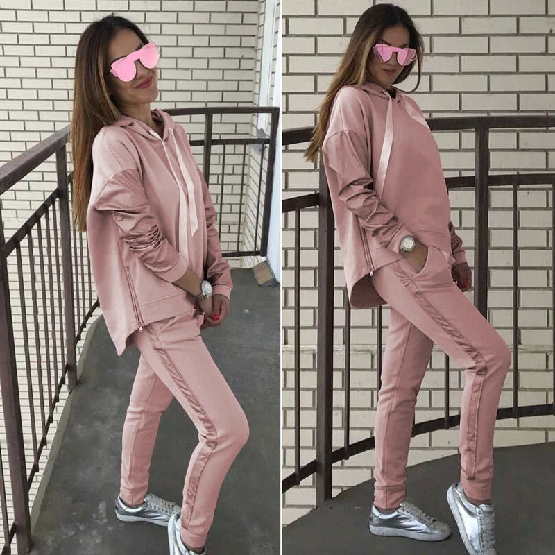 XUANSHOW Streetwear Cotton Casual Tracksuit Women\'s Autumn Winter Zipper Irregular Stitching Hoodies Long Pant Two Piece Suit