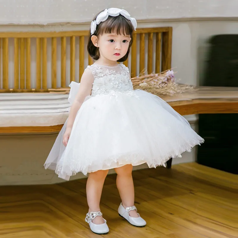 New Fashion Sequin Floral Flower Girl Dress For Wedding Princess White Tulle Baby Girls Baptism Christening 1st Birthday Gown