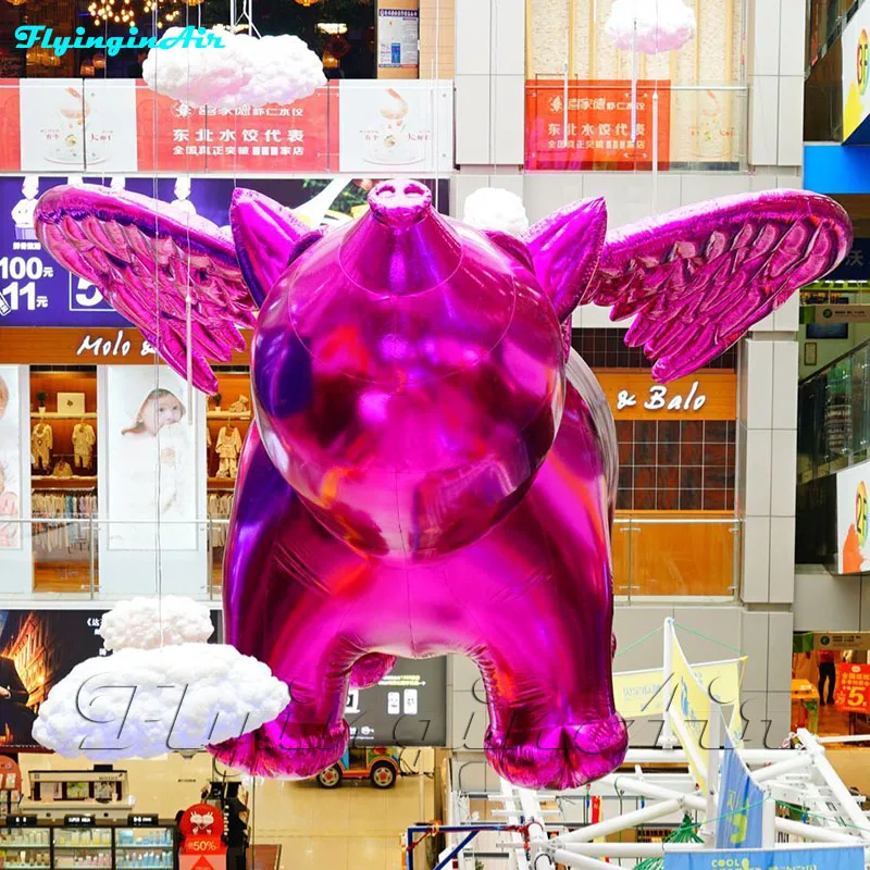 Large Shiny Inflatable Flying Pig Balloon Cartoon Animal Mascot Model Purple Air Blow Up Pig Statue Replica With Wings For Event