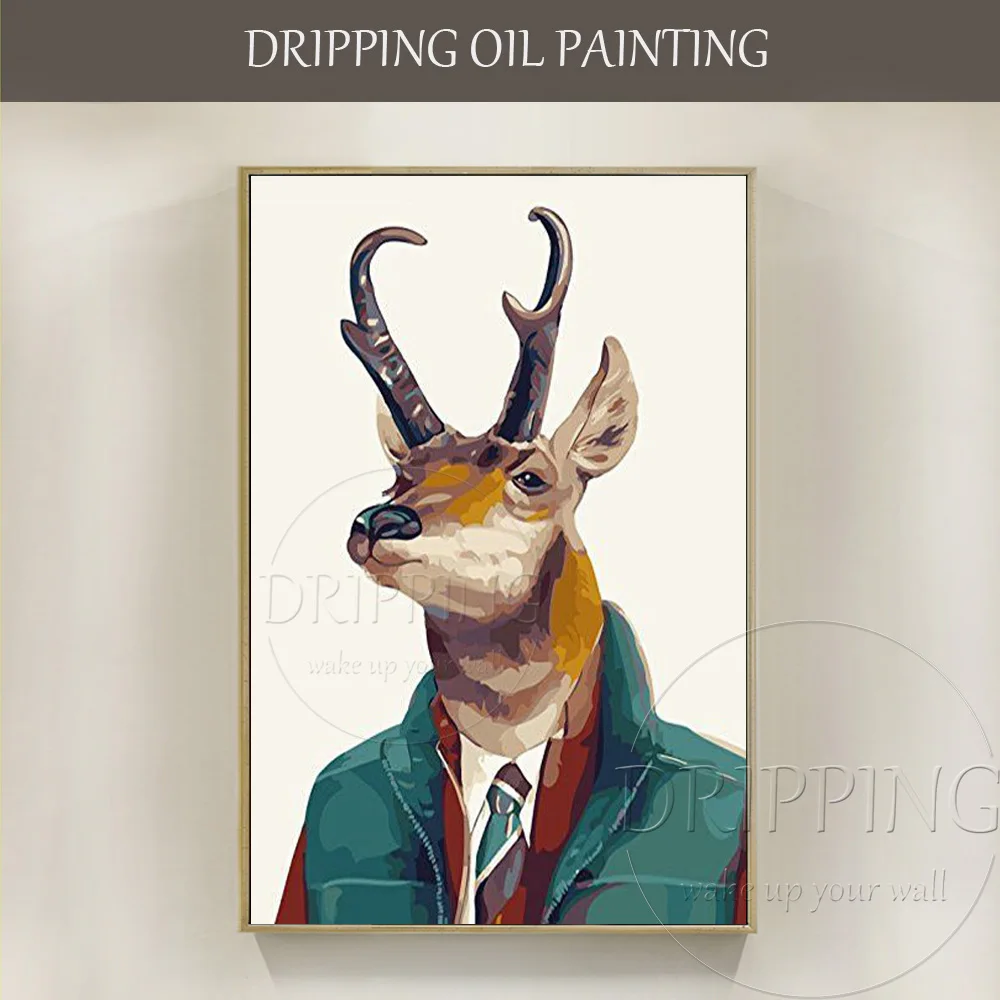 

Free Shipping Painter Handmade High Quality Animal Deer Oil Painting on Canvas Funny Deer Wearing Human Cloths Oil Painting