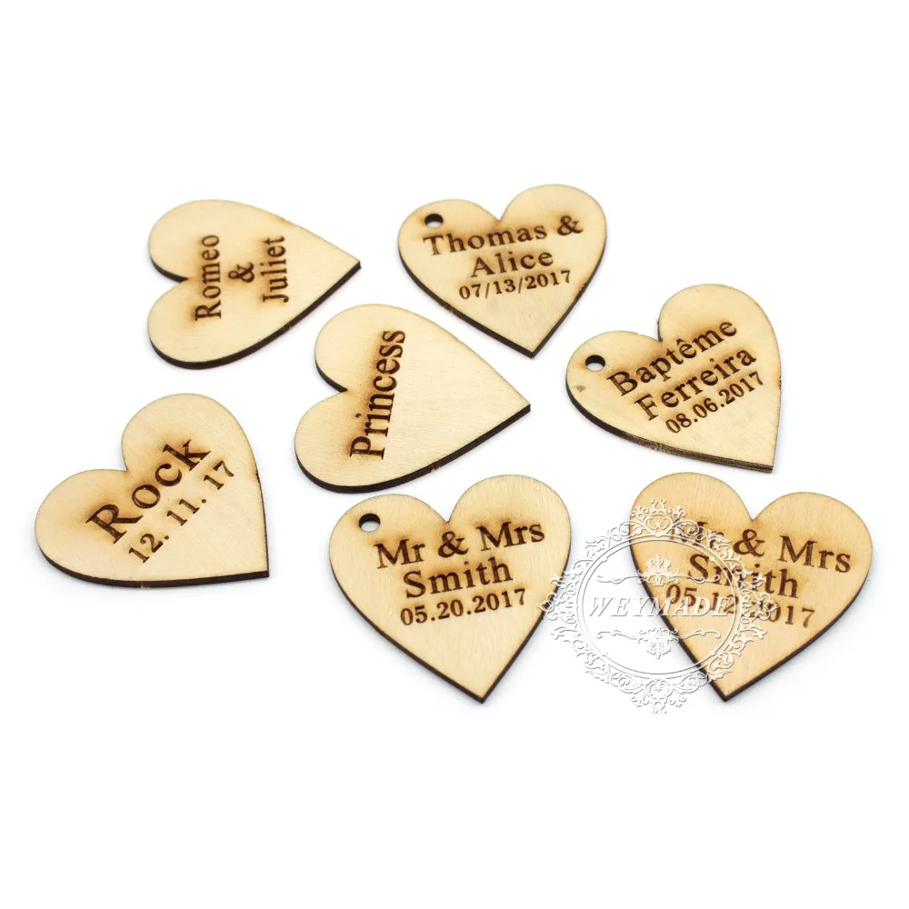 50 * Personalised Custom Rustic Wedding Wine Charm Wood Heart Label Party Favors Gift Tag Wooden Wedding Wish Tree Decor