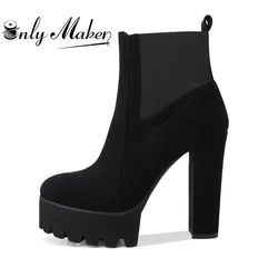 Onlymaker Women Round Toe Platform Ankle booties Thick High Heel Plus Size Black Ladies Boots