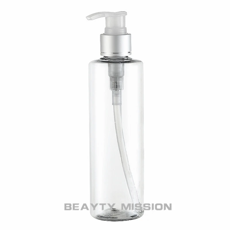 

BEAUTY MISSION 250ml X 24 transparent empty cosmetic bottle with silver aluminum lotion pump shampoo dispenser container