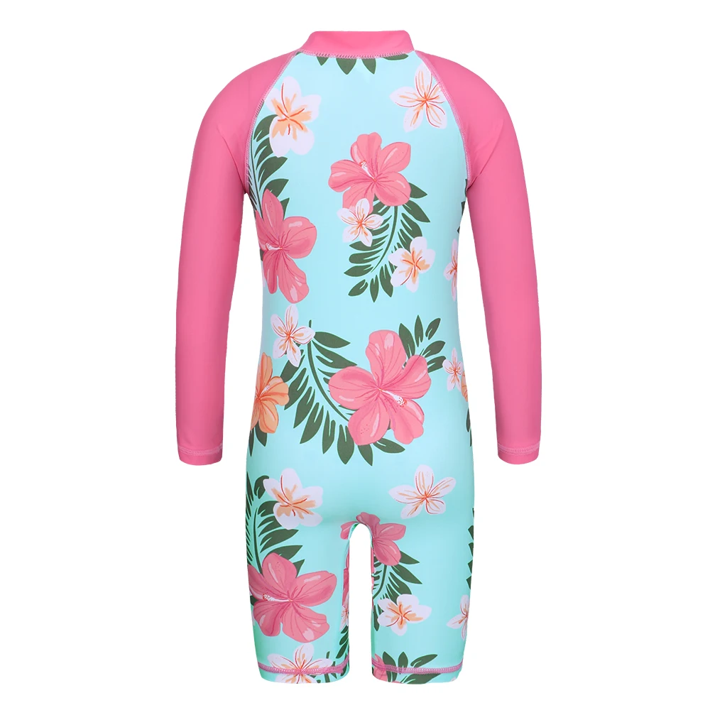 BAOHULU Cyan Floral Long Sleeve Girls Swimwear One Piece Children Swimming Suits UPF50+ Swimsuit Kids 4-11 Years Rash Guards