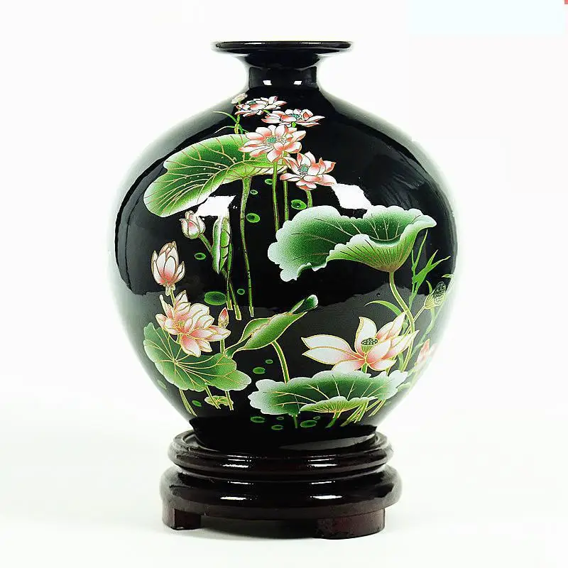 

Jingdezhen Porcelain Modern New Chinese Style Living Room Ancient Shelf Decoration Flower Arrangement Black Ceramic Vase lotus