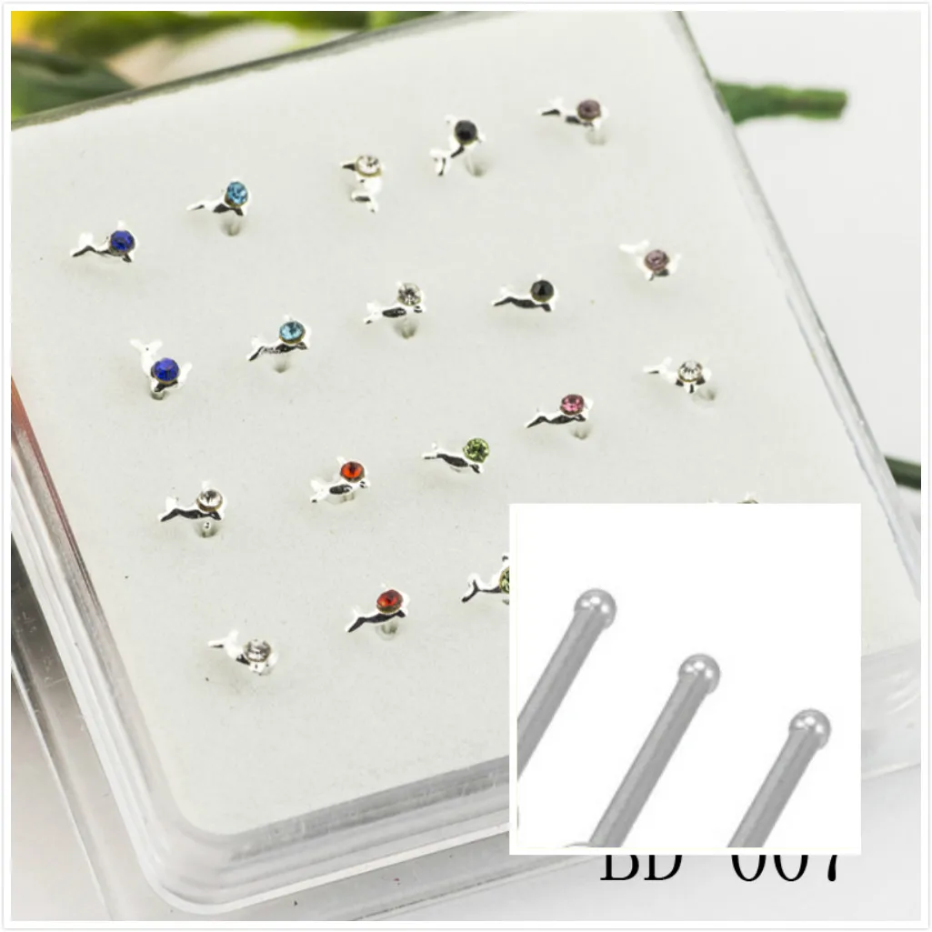 20ps Fashion Dolphin Shape Colorful Crystal Zircon Nose Stud Women Girls Septum Piercing Body Jewelry Bijoux