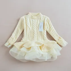 Brand Kids Girls Knitted Sweater Dresses Princess Pullovers sweaters Princess Dress with lace shrugs for Autumn Winter 2-6Y