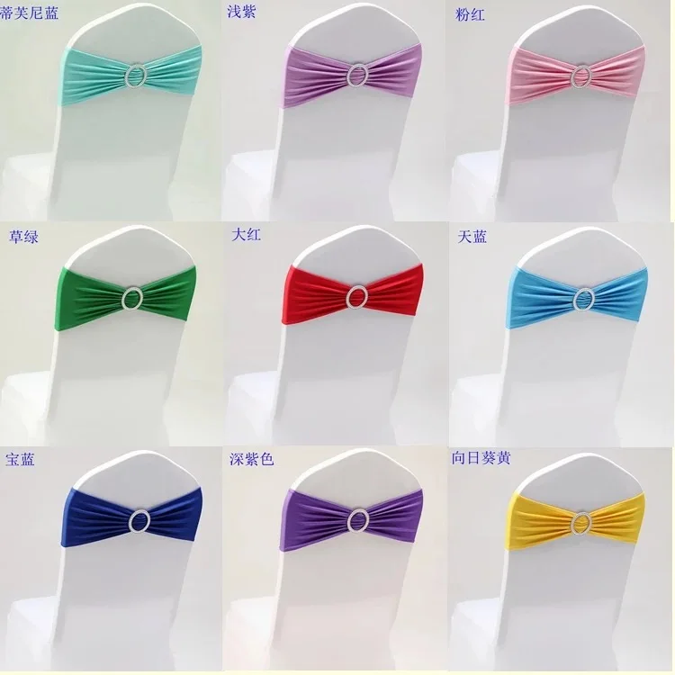 

100pcs Wedding Spandex Chair Sash Bands Lycra Stretch Chair Bow Ties With Round Buckle For Banquet Decoration