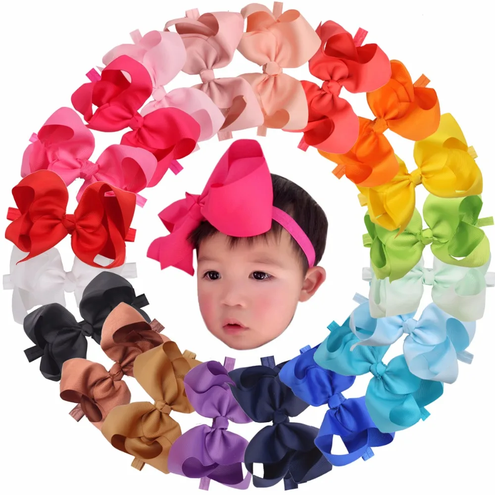 20 Pcs 6 Inches Big Bows Baby Girls Toddlers Kids Teens Children Grosgrain Ribbon Hair Bows Soft Elastic Baby Headbands