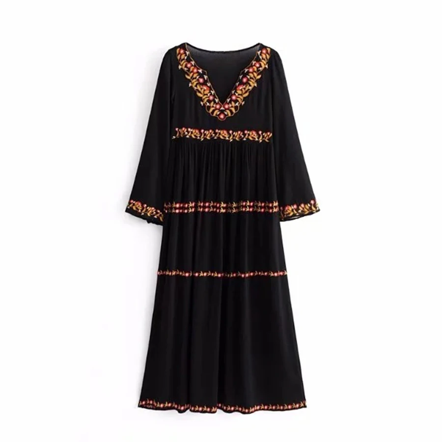 TEELYNN Nero rayon vestito lungo BOHO 2018 Ricamo Floreale flare Manica lunga con scollo a v Abiti allentati Hippie vestito Delle Donne abiti