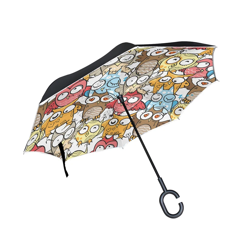 

Drop Shipping Owl Windproof Reverse Folding Double Layer Inverted Chuva Umbrella Self Stand Rain Protection C-Hook Hands For Car