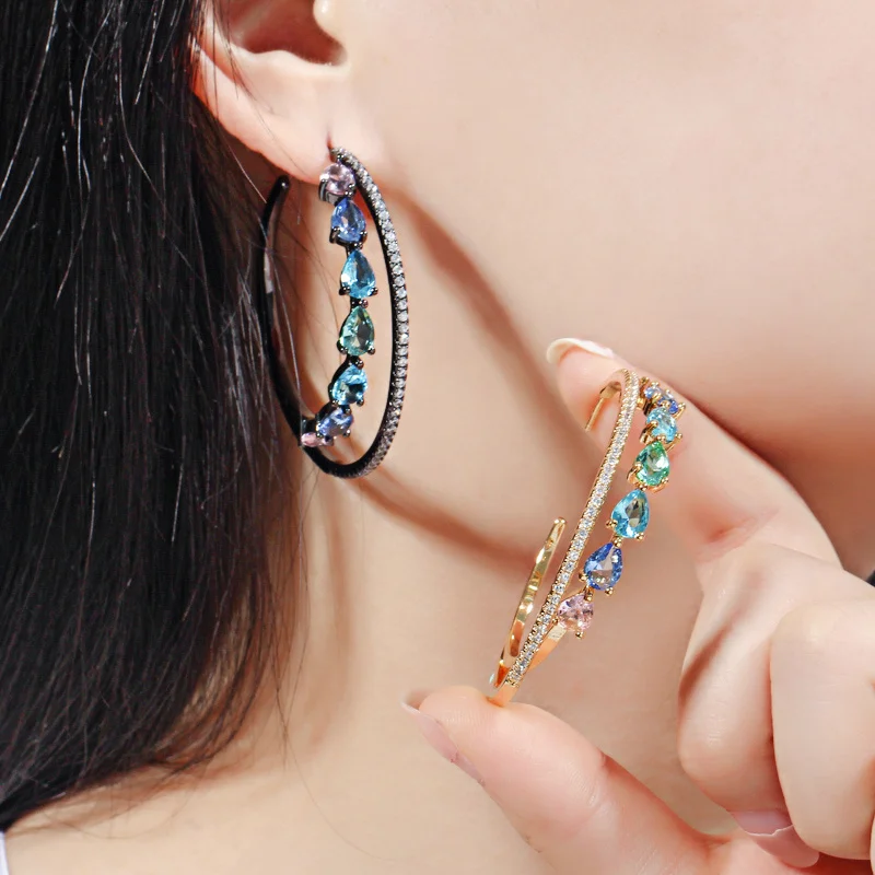 CWWZircons Double Circle Rainbow Cubic Zirconia Crystal Big Round Gold Plated Hoop Earrings for Women Statement Jewelry CZ562