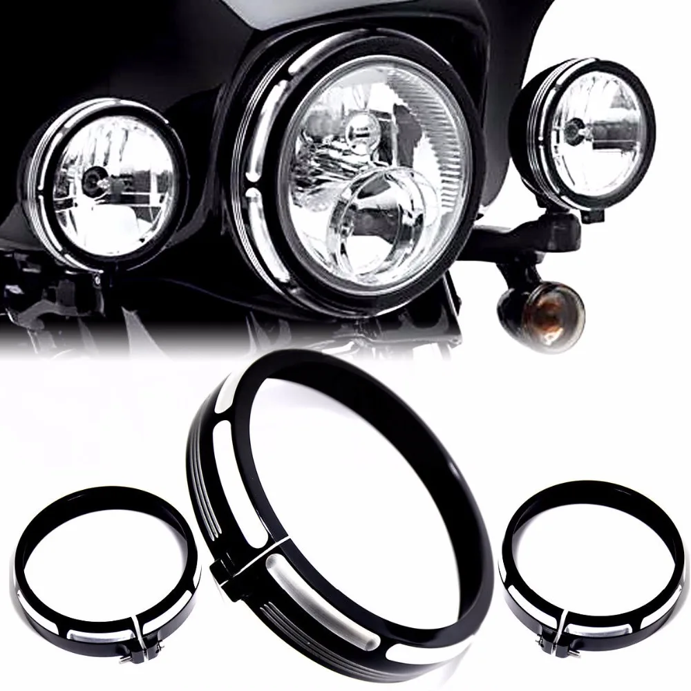 

Black Burst Headlamp&Auxiliary Trim Ring For Harley Electra Street Glide Road King 96-15 16 17 18