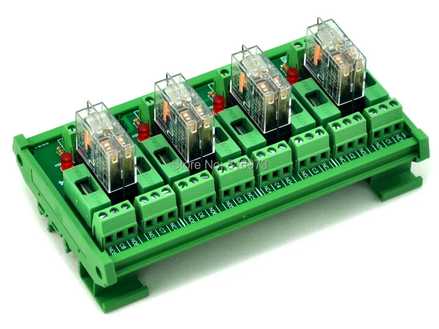 

DIN Rail Mount Fused 4 DPDT 5A Power Relay Interface Module, G2R-2 12V DC Relay.