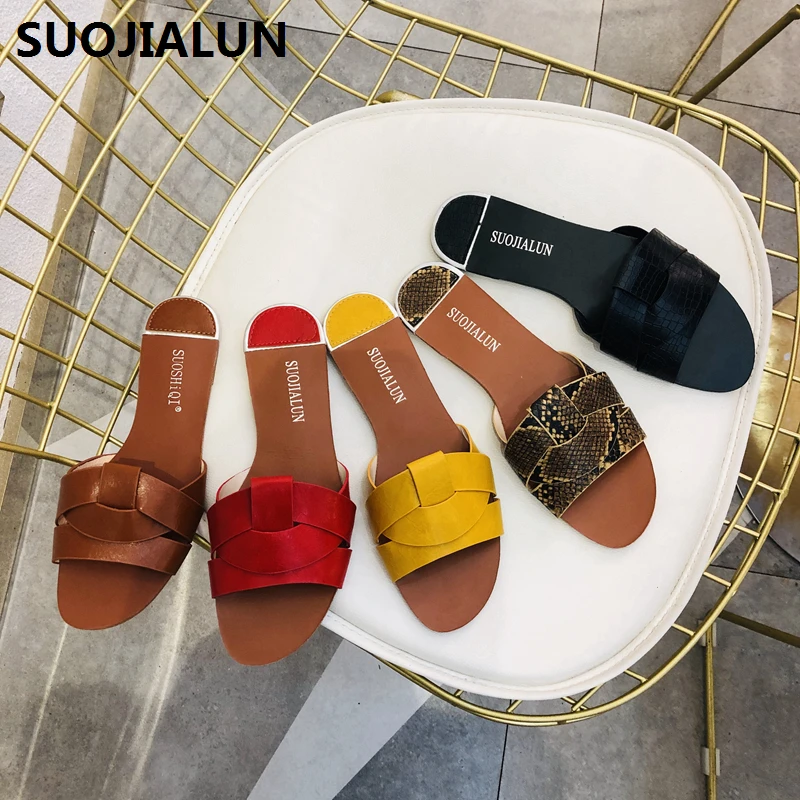 SUOJIALUN 2019 Summers Beach Slippers Women Flip Flops Outdoor Flat Shoes Ladies Sandals Hot Sale Slide New