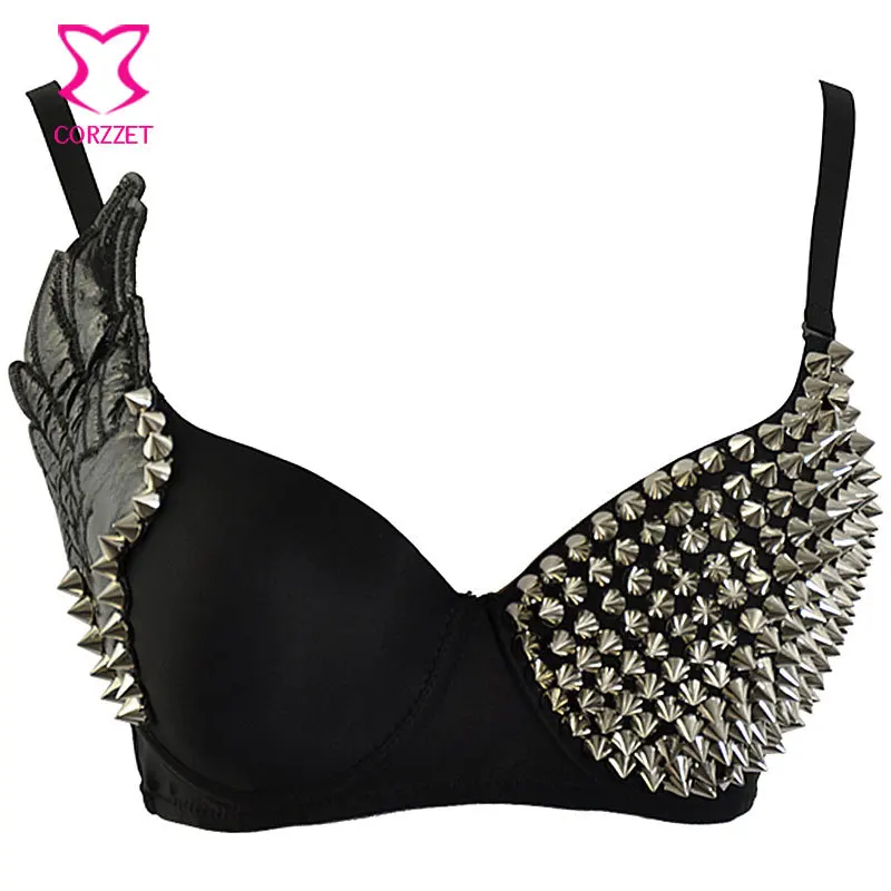 

Exotic Dancewear Sexy Punk Push Up Bra Rivet Studded Bra Top Burlesque Women Brassiere With Wing Bralette Club Party Sujetador