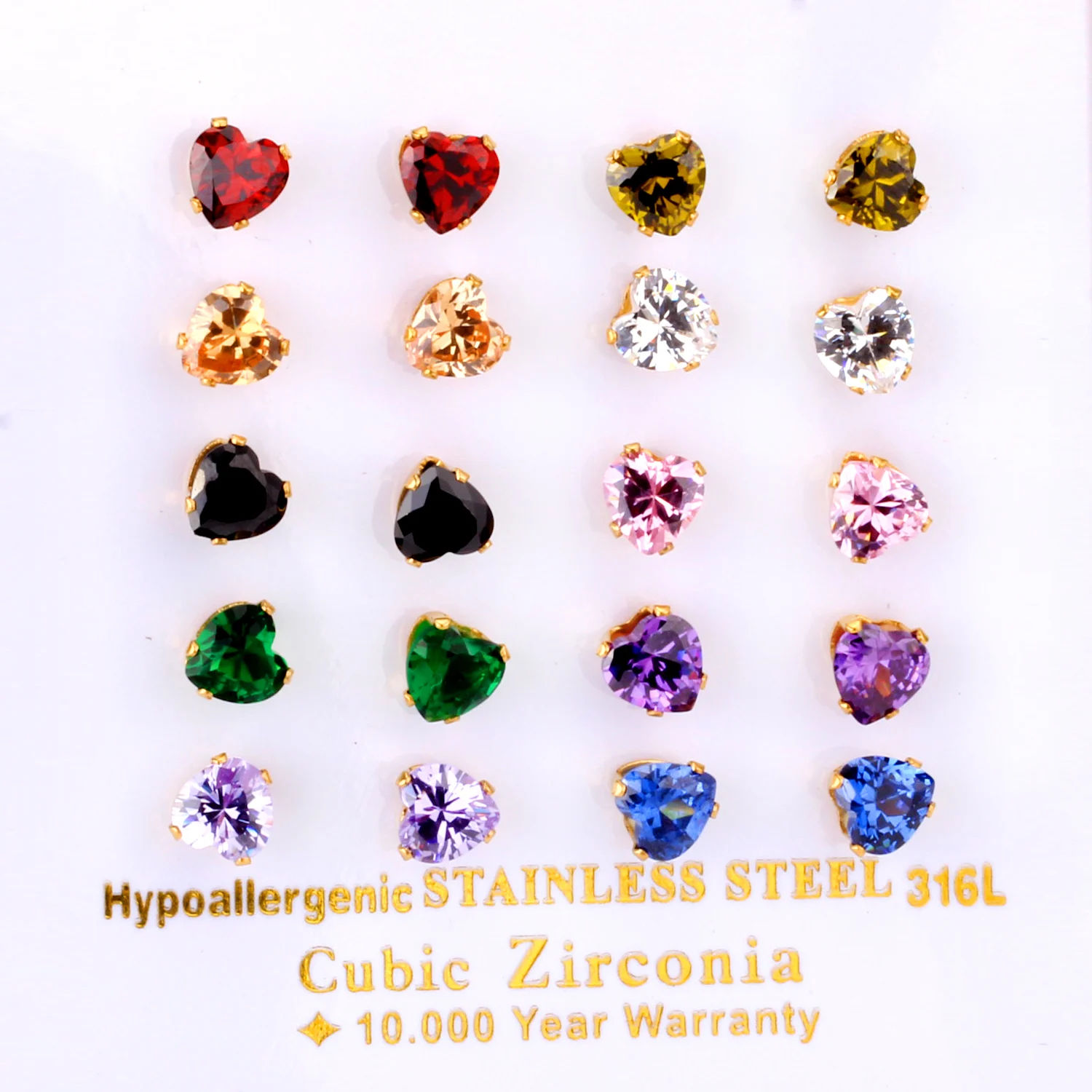 LUXUKISSKIDS Cubic Zirconia Stud Earrings 10Pairs/Card Crystal Heart Colorful Brinco Sets Stainless Steel Wholesale Jewelry Gift