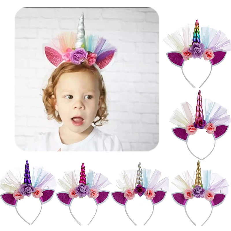 Kids Princess Unicorn Headband Glitter Ears Hairband Rainbow Horn Headwear Christmas Party Hair Accessories Birthday Gift DIY1pc