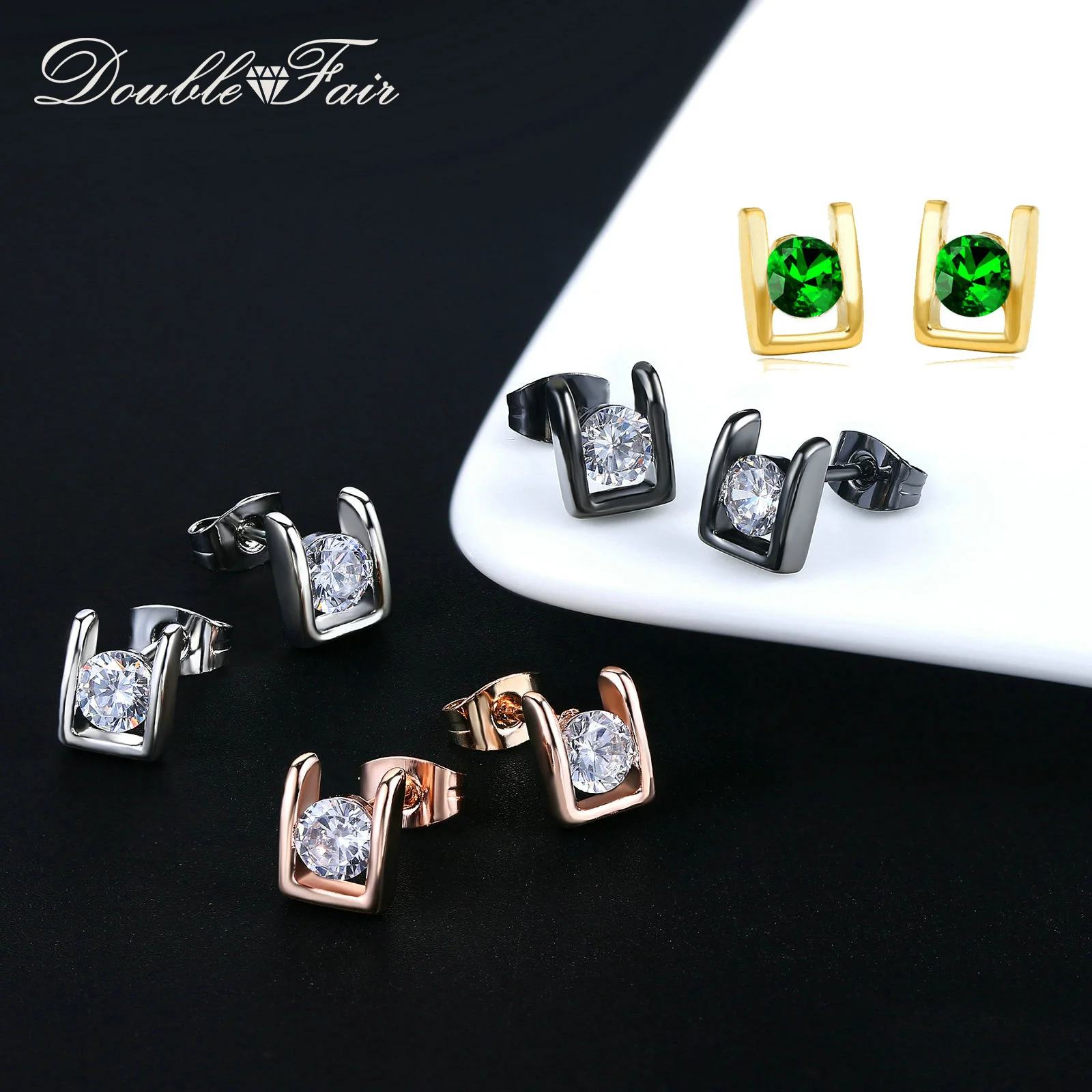 Double Fair Simple OL Style AAA+Cubic Zirconia Stud Earring Rose Gold Color Fashion Wedding Jewelry For Women Gift DFE216