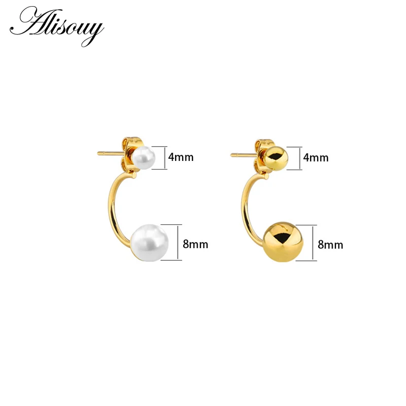 Alisouy 2pcs Fashion Women Double Pearl Balls Earring Studs Gold Color Stainless Steel Round Hook Stud Earrings Jewelry