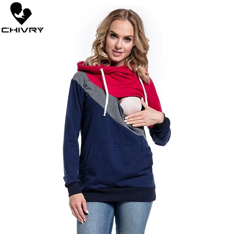 Chivry Maternity Patchwork Sweatshirt Breastfeeding Clothes Hooded Pregnant Hoodies Women Nursing Tops Pregnancy Sweatshirt