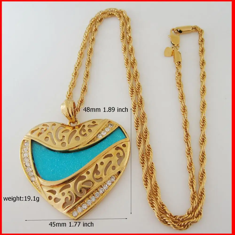 

YELLOW GOLD PLATED 60CM ROPE CHAIN NECKLACE WITH SPECIAL BIG HEART CZ STONES AND BLUE ACRYLIC DECORATION PENDANT