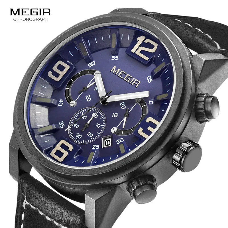 MEGIR new fashion casual quartz watch men large dial waterproof chronograph releather wrist watch relojes free shipping 3010