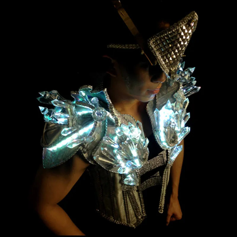 Led Luminous Performance Crystal Costumes LED Men's Clothing DJ Suits With Led Mask Singer Dancer Led Flashing Stage Wear