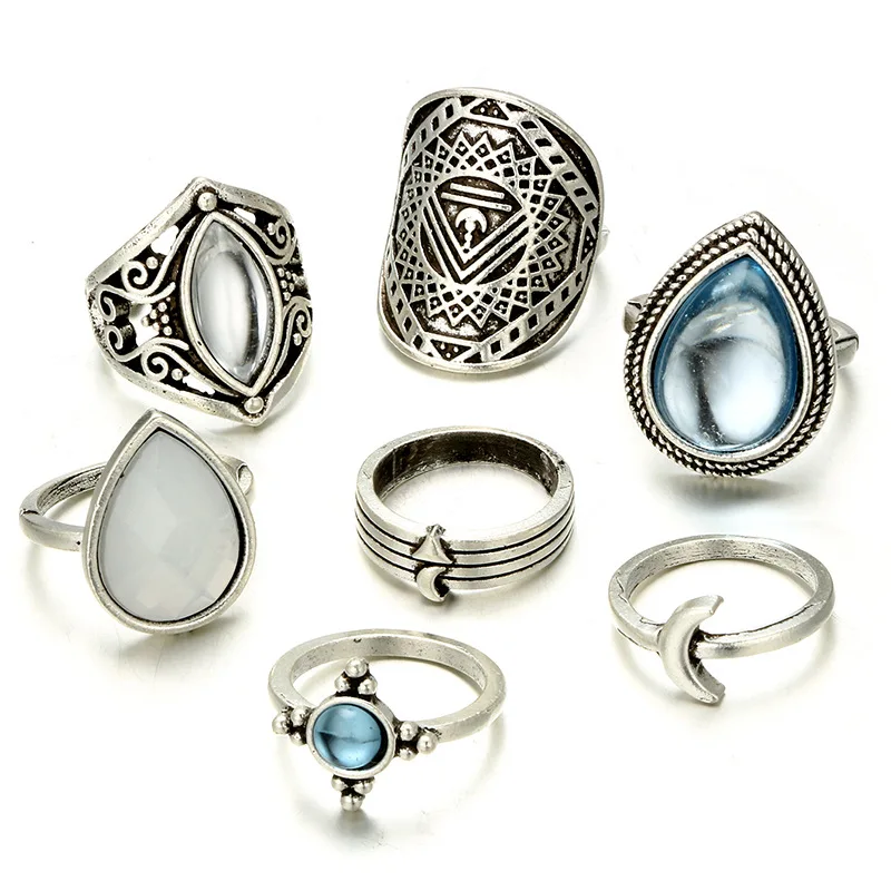 DIEZI Vintage Bohemia Ring Set light Blue Water Drop Midi Joint Rings Women Boho Jewelry Gypsy Knuckle Silver Color Ring